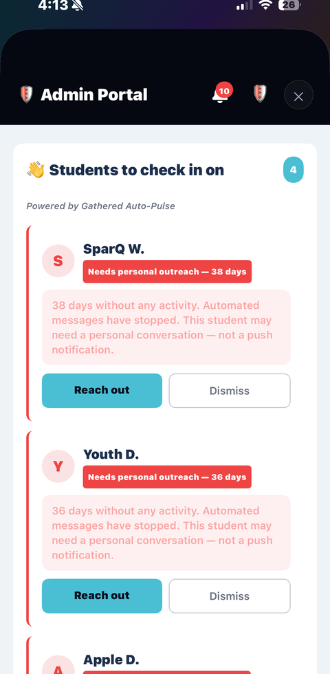 Gathered Pastoral Dashboard showing students who may need a check-in