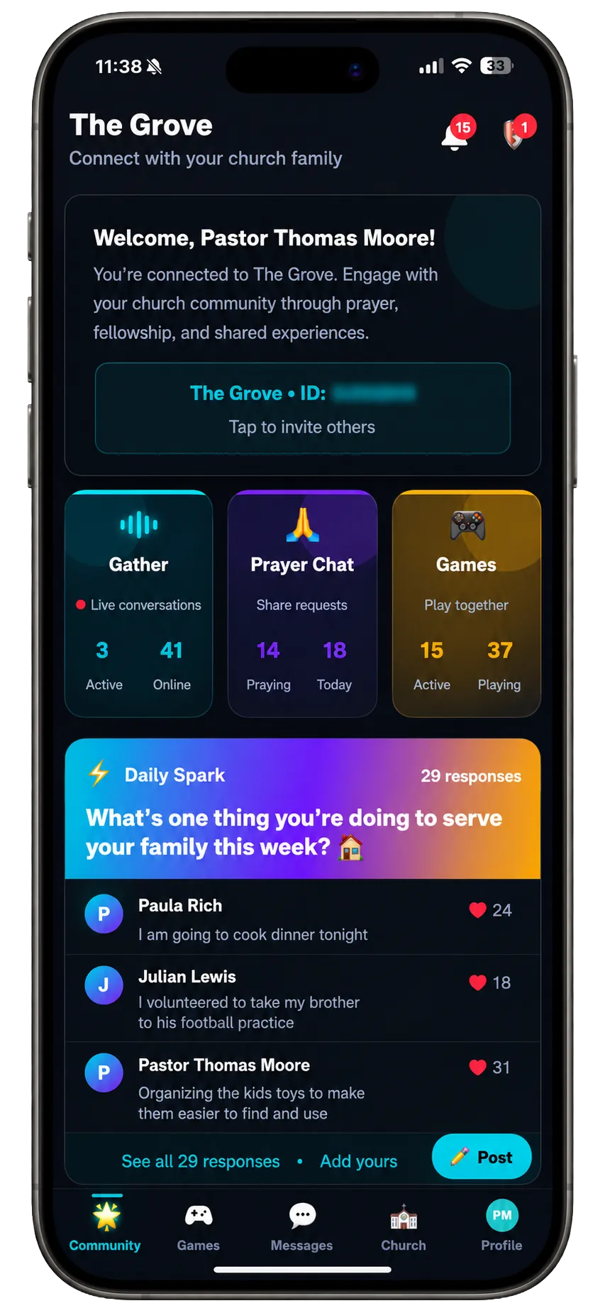 Gathered Daily Spark, Prayer Chat, games, and youth group activity